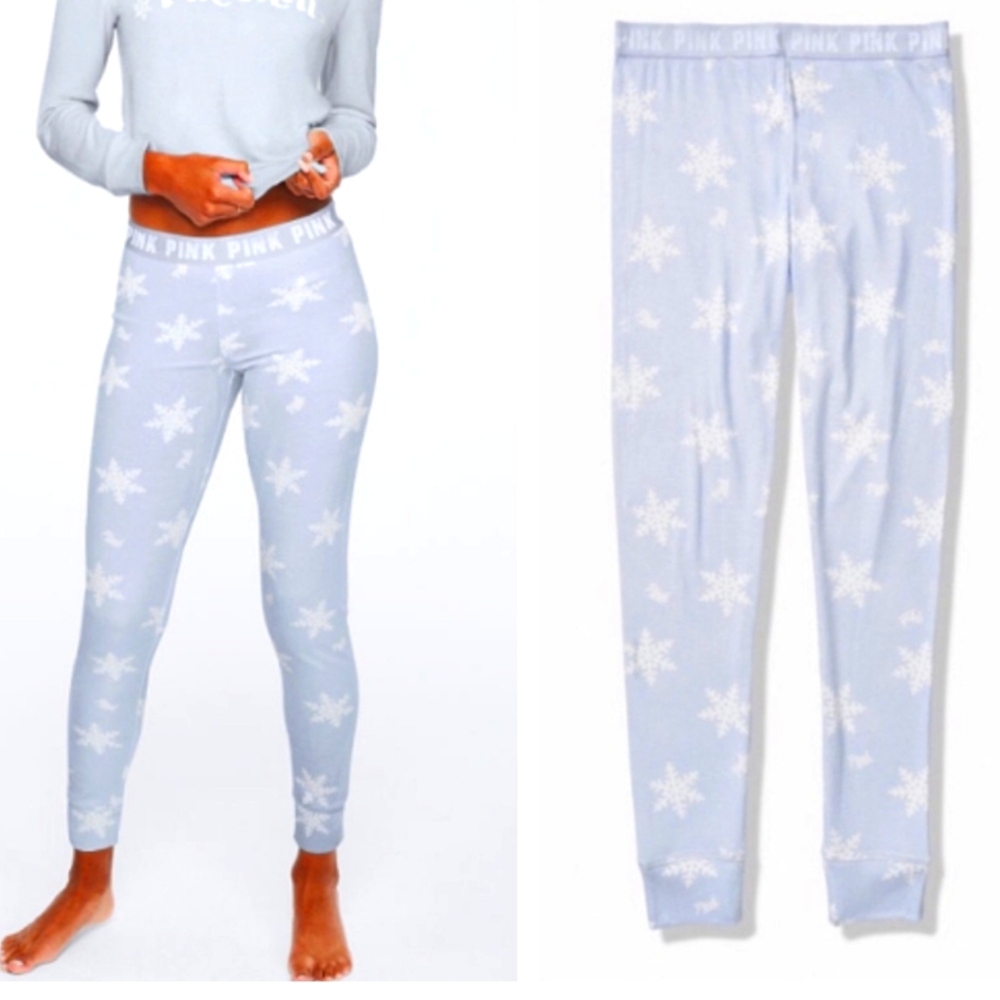 PINK Victoria's Secret Pajama Bottoms - Light Blue Snowflake - Picture 1 of 12